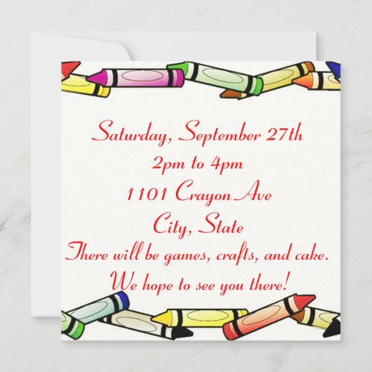 Fun Crayon Geburtstagsparty Einladungen (Rückseite)