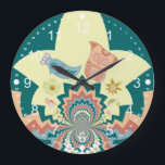 Fun Crazy Owl Birds Zickzack Muster Große Wanduhr<br><div class="desc">Fun Crazy Owl Vögel und Blume Kaleidoskop Zickzack Muster in Korallen,  Aqua Blau und Senf.  Ein tolles Geschenk für Teenager und alle,  die Lieben und einzigartige interessante Designs.</div>