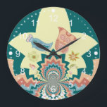Fun Crazy Owl Birds Zickzack Muster Große Wanduhr<br><div class="desc">Fun Crazy Owl Vögel und Blume Kaleidoskop Zickzack Muster in Korallen,  Aqua Blau und Senf.  Ein tolles Geschenk für Teenager und alle,  die Lieben und einzigartige interessante Designs.</div>