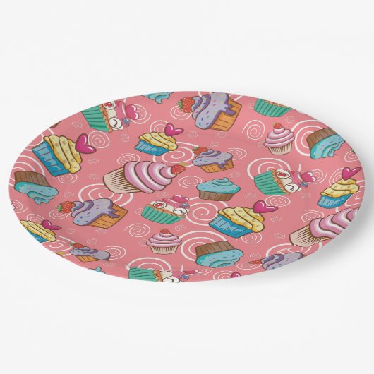 Fun Cupcake Design Round Paper Plate Pappteller (Schrägansicht)
