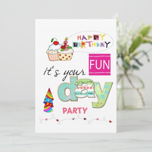 FUN Cupcake Happy Birthday Einladung (Stehend Vorderseite)