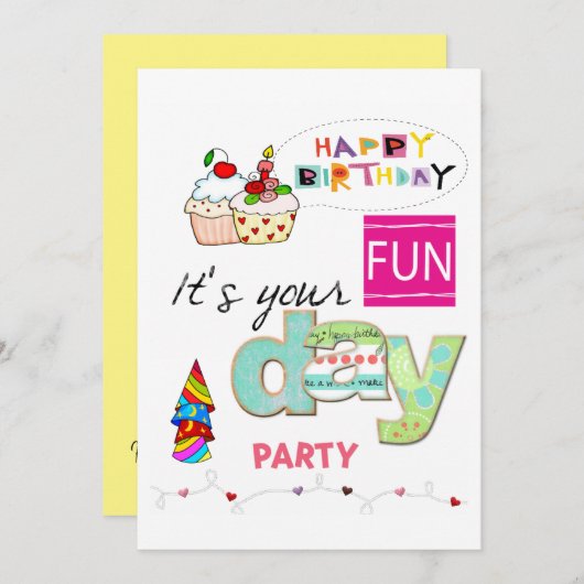 FUN Cupcake Happy Birthday Einladung (Vorne/Hinten)