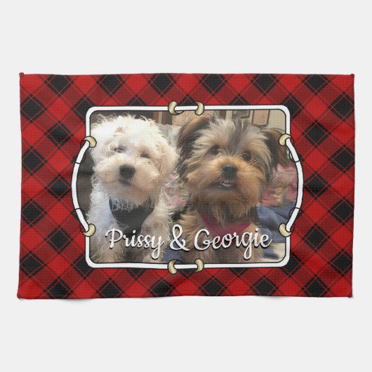 Fun Custom Christmas Red & Black Kariert Foto Fram Geschirrtuch (Horizontal)