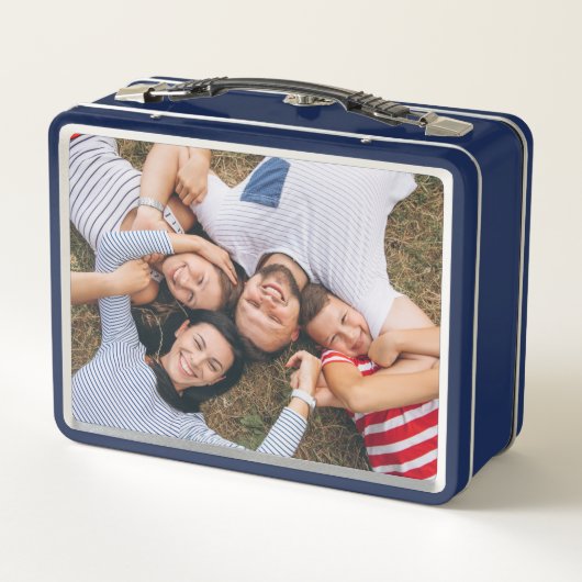 Fun Custom Kids Name Family Foto Collage Blau Metall Brotdose (Rückseite)