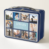 Fun Custom Kids Name Family Foto Collage Blau Metall Brotdose (Vorderseite)