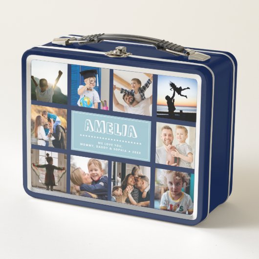 Fun Custom Kids Name Family Foto Collage Blau Metall Brotdose (Vorderseite)