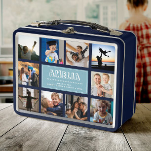 Fun Custom Kids Name Family Foto Collage Blau Metall Brotdose