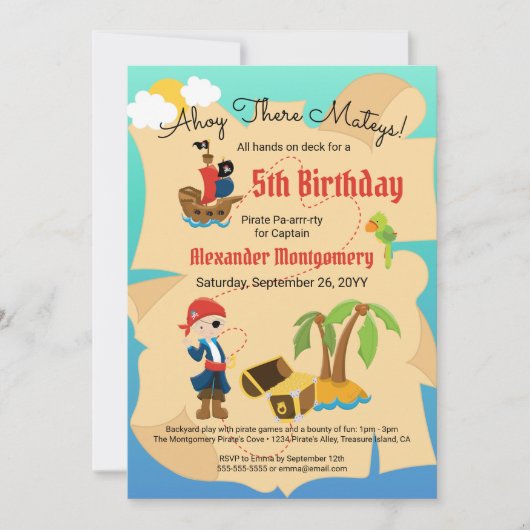 Fun Custom Treasmap Pirate Boy Birthday Party Einladung (Vorderseite)
