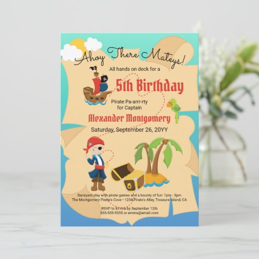 Fun Custom Treasmap Pirate Boy Birthday Party Einladung (Stehend Vorderseite)