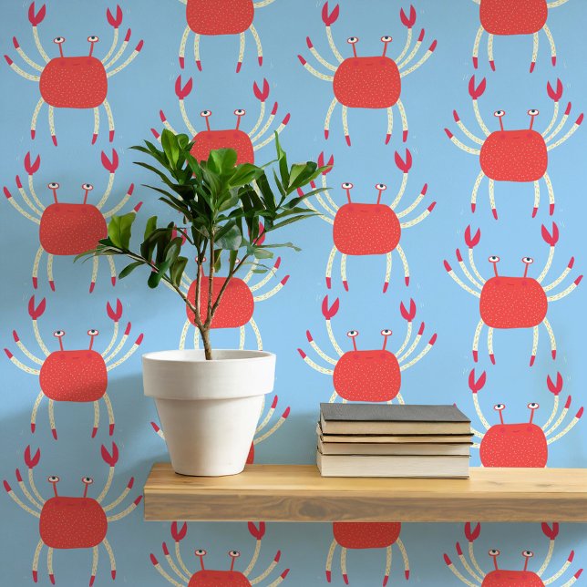 Fun Dancing Crab Küstenmuster Tapete (Dancing crabs fun coral and blue peel and stick wallpaper for coastal home decor)