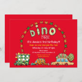Fun Dino Autos und Flaggen Boys Dinosaur Party Rot Einladung (Vorne/Hinten)