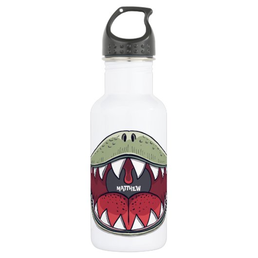 Fun Dinosaur Mouth Kids Cartoon Dark Green Name Edelstahlflasche (Vorderseite)