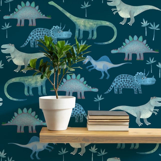 Fun Dinosaur Muster Aquamarin Green Tapete (Dinosaur Tyrannosaurus rex, stegosaurus, triceratops diplodocus teal green peel and stick wallpaper)