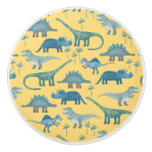 Fun Dinosaur Muster Blau Gelb Keramikknauf (Vorderseite)