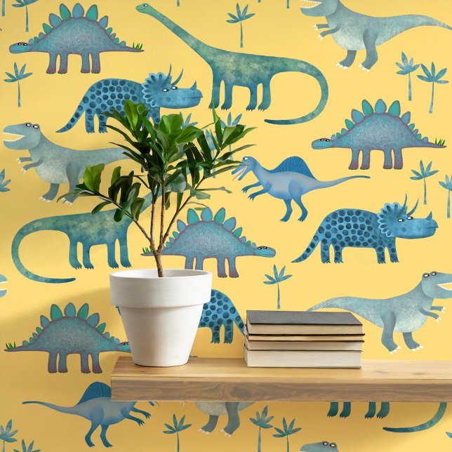 Fun Dinosaur Muster Blau Gelb Tapete (Dinosaur Tyrannosaurus Rex Stegosaurus triceratops diplodocus yellow kids peel and stick wallpaper)