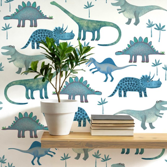 Fun Dinosaur Muster Blau Weiße Kinder Tapete (Dinosaur Tyrannosaurus Rex Stegosaurus triceratops diplodocus kids peel and stick wallpaper)