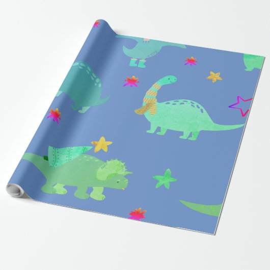 FUN DINOSOAR IN BLAUER KID'S WRAPPING PAPIER GESCHENKPAPIER (Ungerollt)