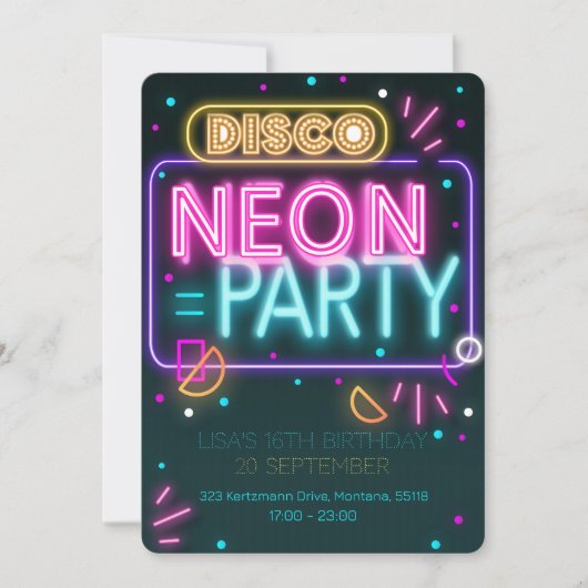 Fun Disco Neon 16. Party Einladung (Vorderseite)