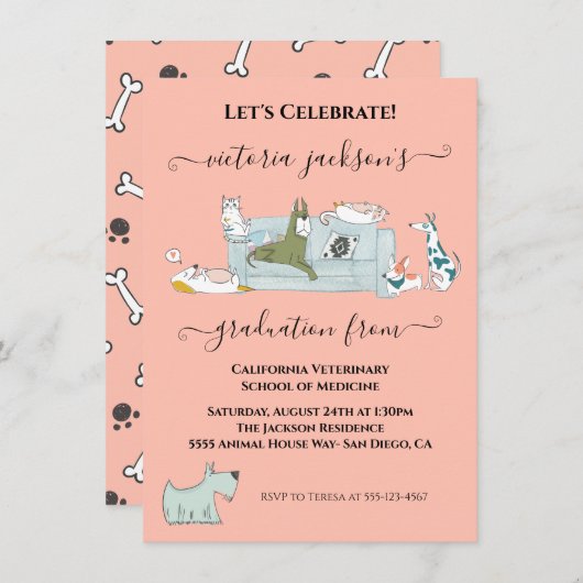 Fun Dogs & Cats Veterinary School Abschluss Einladung (Vorne/Hinten)