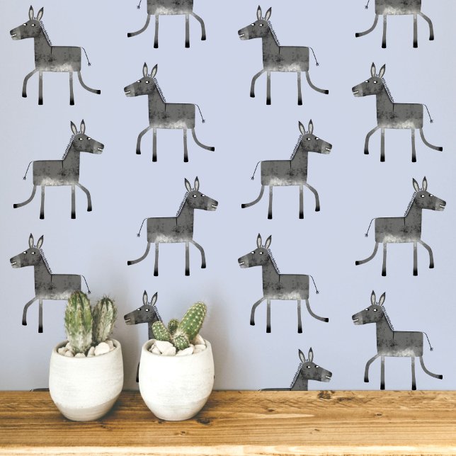 Fun Donkey Gray Blue Muster Tapete (Fun donkey pattern peel and stick wallpaper in gray and blue)