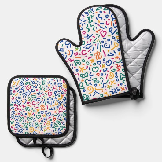 Fun doodle farbenfrohe, lebendige Formen Ofenhandschuh & Topflappen-Set (Vorderseite/Rückseite)