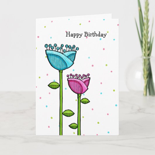 Fun Doodle Flowers blue pink dots Birthday Card Karte (Vorderseite)
