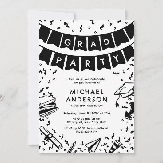Fun Doodle Graduation Party Einladung (Vorderseite)