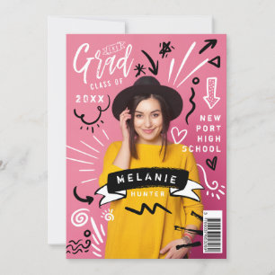Fun Doodle Sketch Magazine Cover Girl Grad Einladung