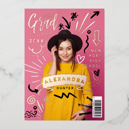 Fun Doodle Sketch Magazine Cover Girl Grad Party Folieneinladung (Vorderseite)