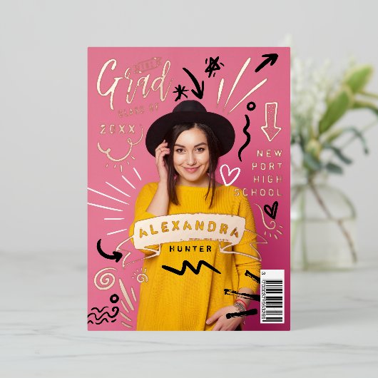 Fun Doodle Sketch Magazine Cover Girl Grad Party Folieneinladung (Stehend vorne)