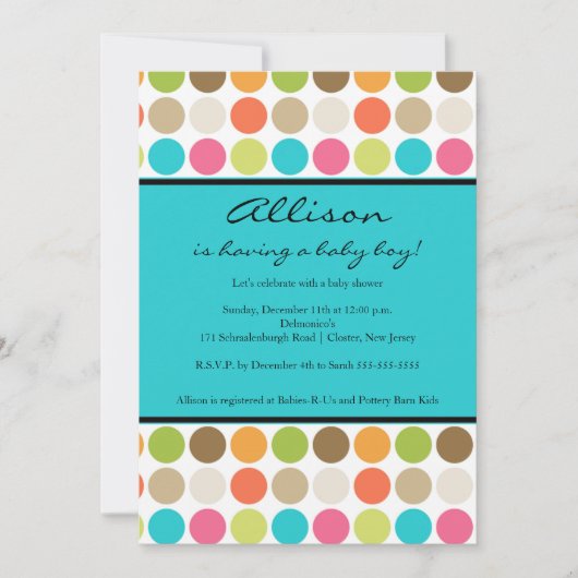 FUN Dots TURQUOISE Kindermädchen oder Boy-Dusche Einladung (Vorderseite)