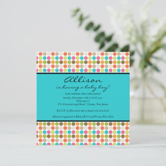 FUN Dots TURQUOISE Kindermädchen oder Kinderdusche Einladung (Stehend Vorderseite)