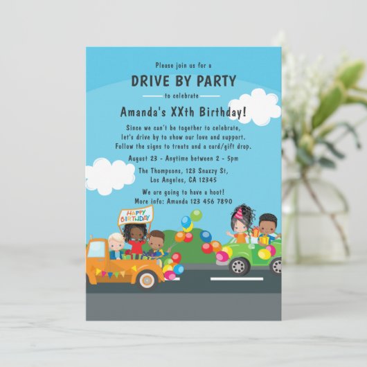 Fun Drive By Birthday Parade Party Foto Einladung (Stehend Vorderseite)