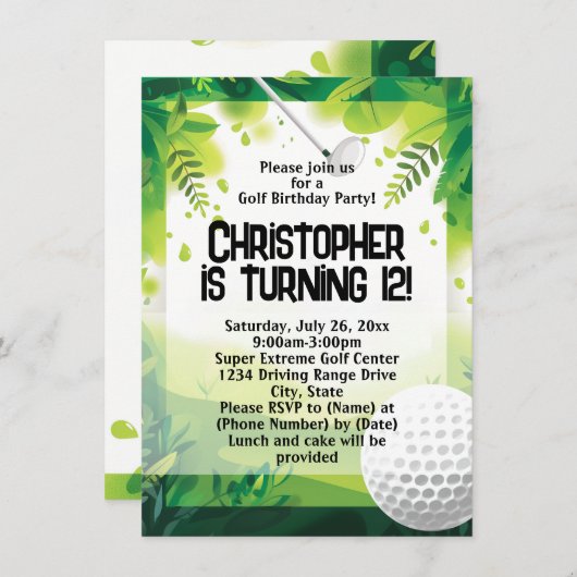 Fun Driving Range Golf Birthday Party Invitation Einladung (Vorne/Hinten)