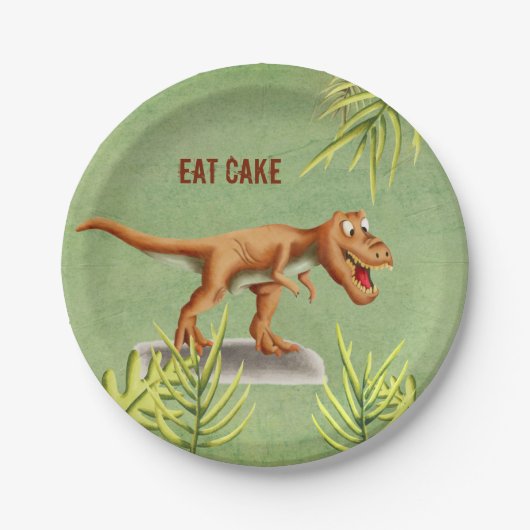 Fun Eat Cake Greenery T-Rex Children Party Pappteller (Vorderseite)