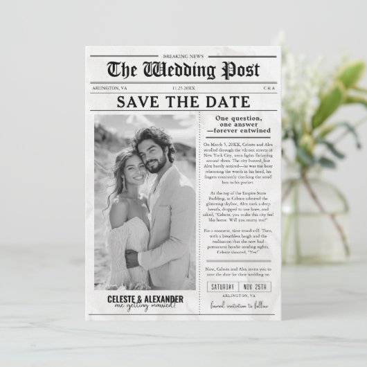 Fun Einzigartige Zeitung Save the Date Foto Hochze Einladung (Stehend Vorderseite)