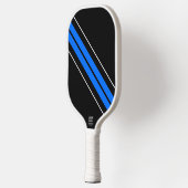 Fun Electric Blue White Racing Streifen auf schwar Pickleball Schläger (Links)