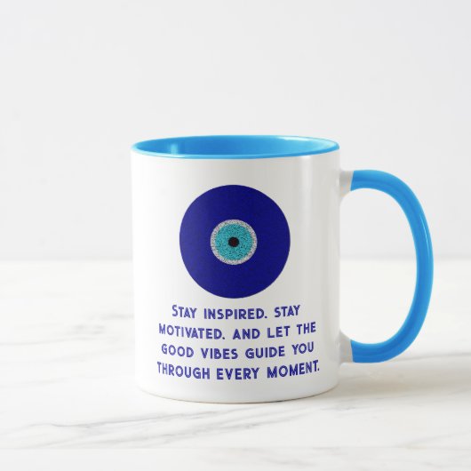 Fun Elegante Good Vibes Blue Evil Eye Herz Muster Tasse (Rechts)