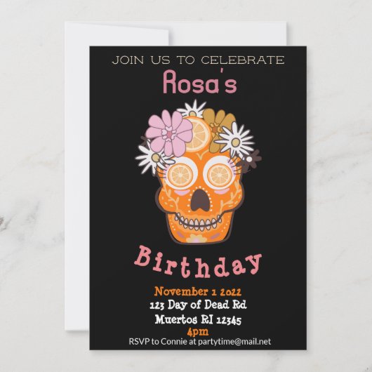 Fun Fall Sugar Skull Geburtstag Einladung (Vorderseite)