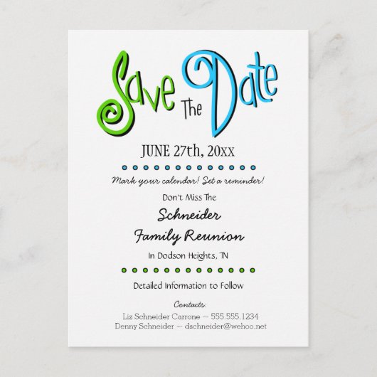 Fun Family Wiedersehen oder Party Save the Date Ankündigungspostkarte (Vorderseite)