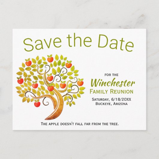 Fun Family Wiedersehen Save the Date Apple Tree Ankündigungspostkarte (Vorderseite)