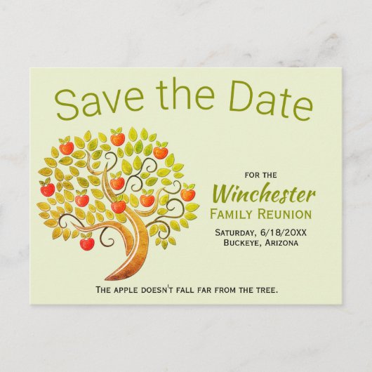 Fun Family Wiedersehen Save the Date Apple Tree Cu Ankündigungspostkarte (Vorderseite)