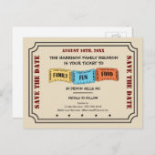 Fun Family Wiedersehen Ticket Save the Date Ankündigungspostkarte (Vorne/Hinten)