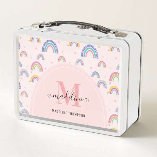 Fun farbenfroh rosa Rainbow Girly Monogram Metall Brotdose (Rückseite)