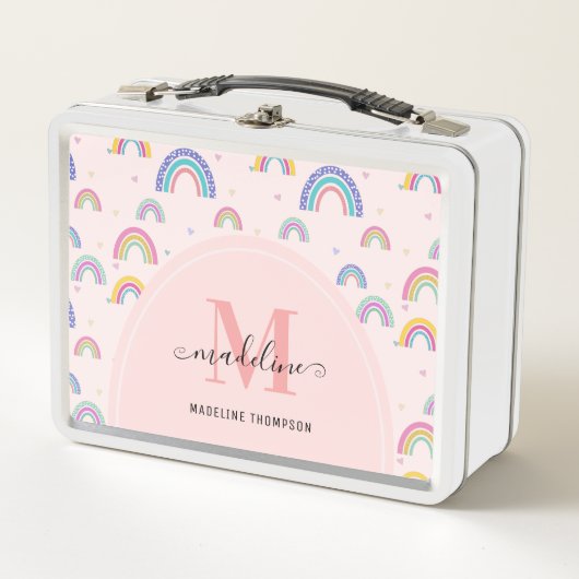 Fun farbenfroh rosa Rainbow Girly Monogram Metall Brotdose (Vorderseite)