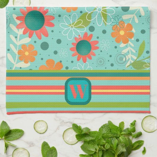 Fun farbenfrohe Monogramm erste Streifen Blüte Geschirrtuch (Gefaltet)