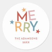Fun farbenfrohe Typografie Merry Familienname Runder Aufkleber (Vorderseite)