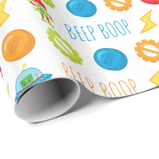 Fun farbenfroher Robot Beep Boop Muster Kid Geschenkpapier (Rolleneckpunkt)