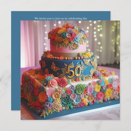 FUN FARBFARBEN 50. WEDDING JAHRESCAKE EINLADUNG (Vorne/Hinten)