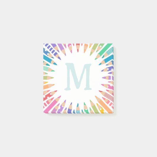 Fun farbige Stifte blass Monogramm Post-it Klebezettel (Vorderseite)